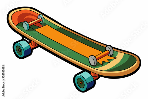 A green and orange striped skateboard with four wheels