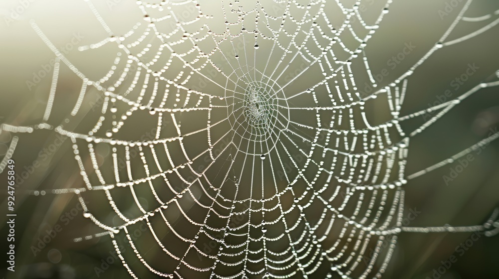 Naklejka premium Dew-Covered Spiderweb in the Early Morning Light