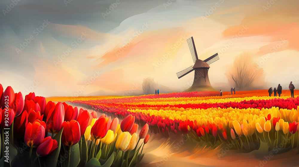 Scenic Tulip Fields With Historic Windmill at Sunrise