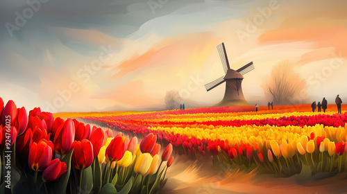 Obraz na płótnie Scenic Tulip Fields With Historic Windmill at Sunrise w salonie