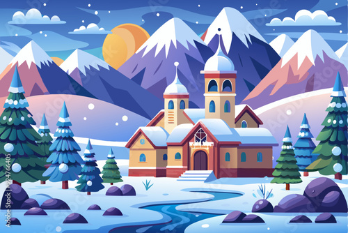 Snowy Mountain Landscape with a Cozy Building and a Winding Stream