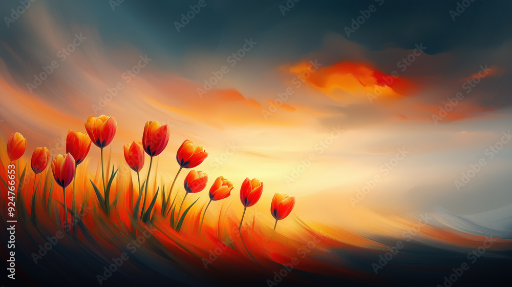 Vibrant Tulips Against a Sunset Skyscape Illustration