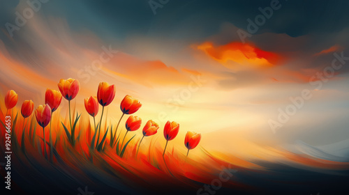 Obraz na płótnie Vibrant Tulips Against a Sunset Skyscape Illustration w salonie