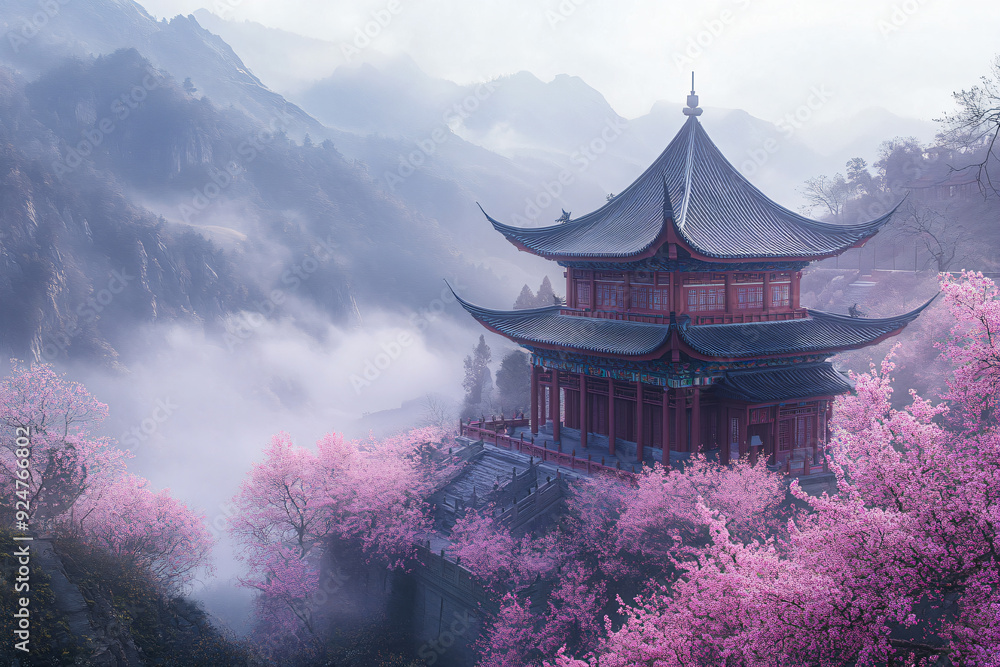 Ancient Chinese Pagoda in a Misty Mountain Landscape. Ancient Chinese Pagoda in a Misty Mountain Landscape.