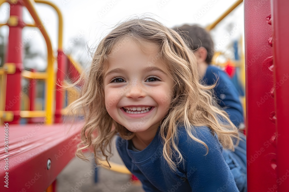 A young girl beams with pure happiness on a colorful playground, her infectious smile capturing the carefree spirit of childhood. A young girl beams with pure happiness on a colorful playground, her infectious smile capturing the carefree spirit of childhood.