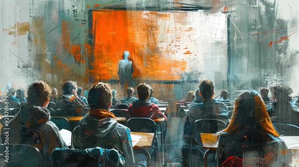 Impressionistic University Lecture Hall with Students Taking Notes Impressionistic University Lecture Hall with Students Taking Notes