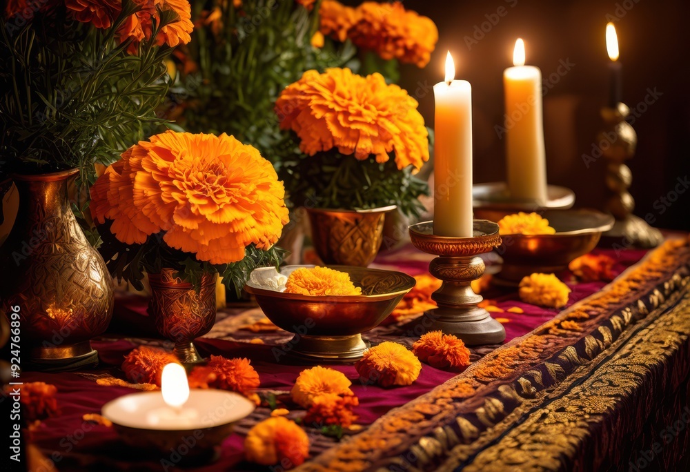 vibrant altar display featuring colorful marigolds glowing candles lively arrangement, bright, flowers, decoration, lighting, festive, celebration, beauty vibrant altar display featuring colorful marigolds glowing candles lively arrangement, bright, flowers, decoration, lighting, festive, celebration, beauty