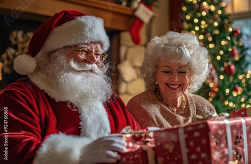 Santa Claus and his wife, Mrs. Claus, a sweet old lady with white hair on her head, sitting at a table near the Christmas tree and holding a wrapped gift box, smiling happily. A heartfelt scene