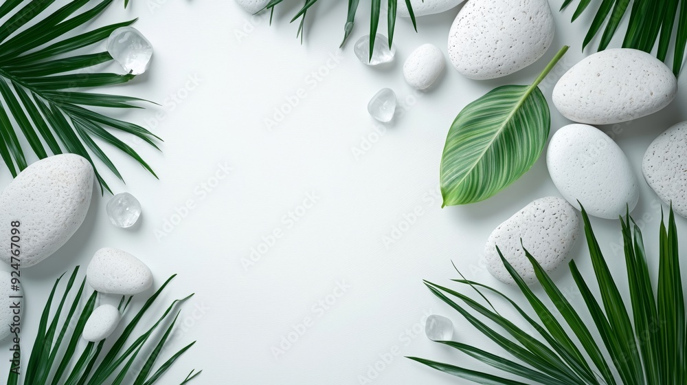 Elegant Arrangement of Tropical Leaves and White Stones in Nature Elegant Arrangement of Tropical Leaves and White Stones in Nature