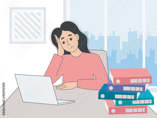 Tired woman employee in the office. Woman sits at her desk with laptop and large number of folders with documents. Overwhelmed with work concept. Emotional burnout, fatigue and helplessness in the