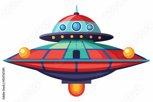 Cartoon illustration of a red and blue spaceship with lights on top and flames underneath