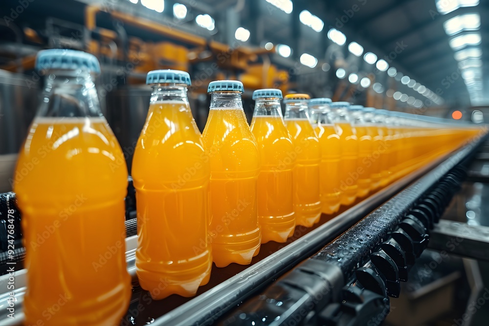 Orange juice bottles on conveyor belt. Orange juice bottles on conveyor belt.