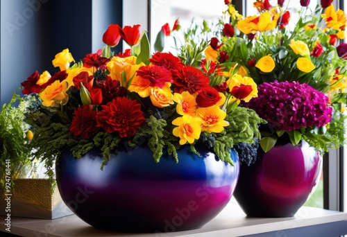 Wallpaper Mural vibrant flower arrangements showcased contemporary planters lush greenery colorful blooms, modern, design, garden, decoration, nature, petals, flora, style Torontodigital.ca