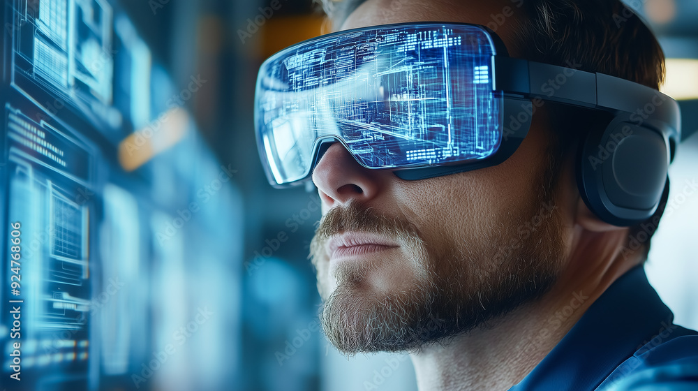 Engineer wearing vr glasses and watching holographic projections of the building project with virtual instruments and data. Engineer wearing vr glasses and watching holographic projections of the building project with virtual instruments and data.