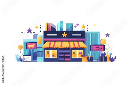 Vibrant Cityscape with Colorful Shops and Stores in Downtown Urban District