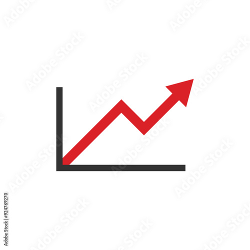 Chart graphic of growing profit with red arrow getting up datum illustration. Vector icon in flat style