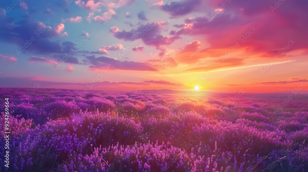 Heather flowers field with sunset in the background Heather flowers field with sunset in the background