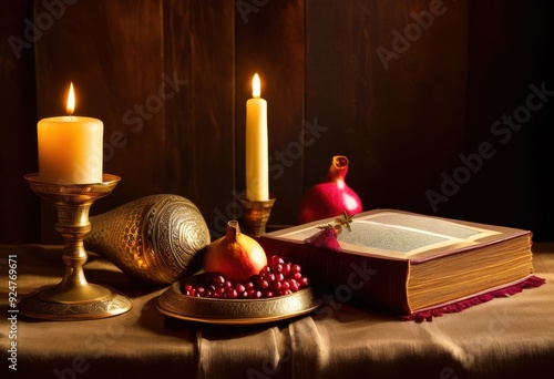 colorful display traditional items yom kippur celebration featuring symbolic elements reflection remembrance, shofar, candles, prayers, traditions photo