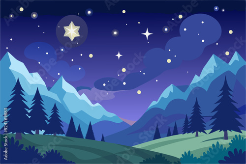 Nighttime Landscape with Mountains, Stars, and Trees