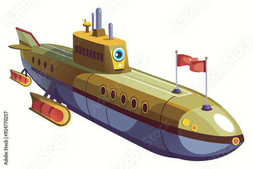 Cartoon Submarine with Periscope and Flag