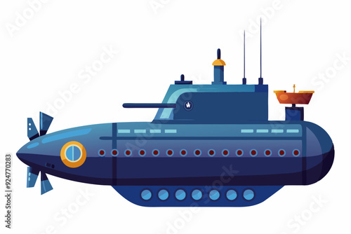 Cartoon Illustration of a Blue Submarine with Periscope and Propellers