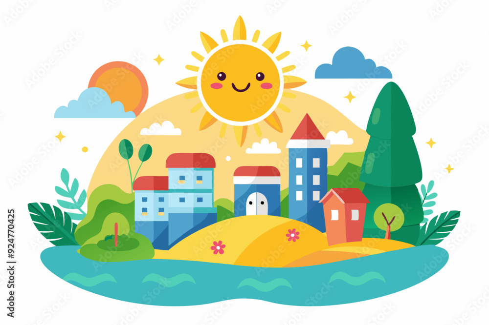 Cheerful Sun Shining Over a Small Town with a Lake and a Tree Cheerful Sun Shining Over a Small Town with a Lake and a Tree
