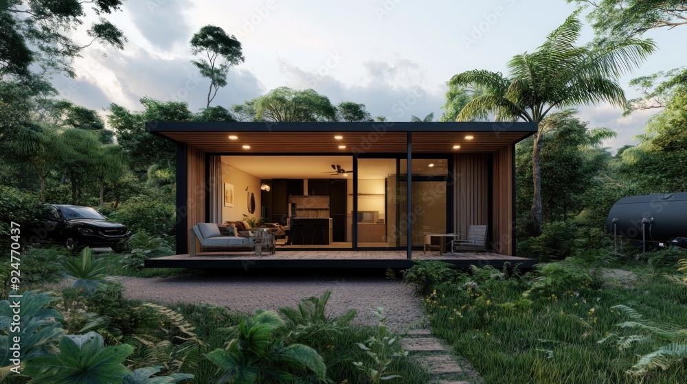 Modern cabin with large windows overlooking a lush tropical forest. Modern cabin with large windows overlooking a lush tropical forest.