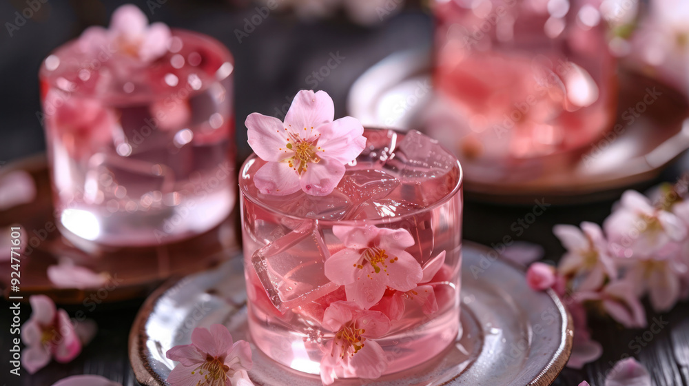 Fototapeta premium Pink Sakura Jelly Dessert With Blossoms