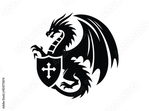 Dragon Shield Silhouette, Dragon Round Vector illustration.