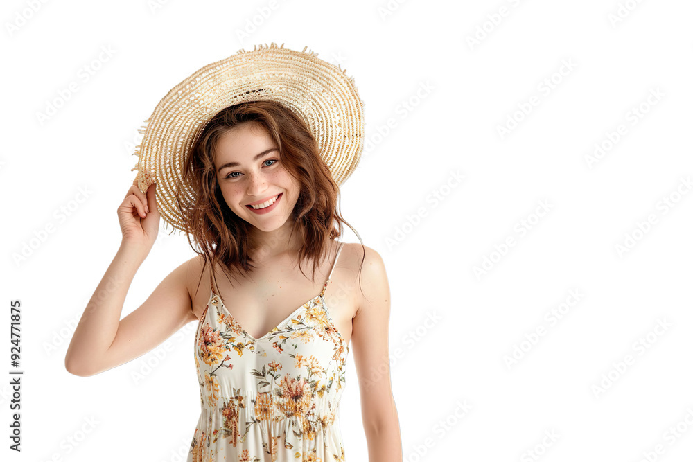 Young woman in a summer dress smiling and holding a sunhat Isolated on transparent background. Young woman in a summer dress smiling and holding a sunhat Isolated on transparent background.