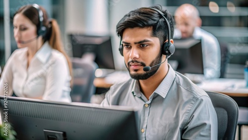 A focused Indian call center employee wearing a headset, managing customer inquiries. 