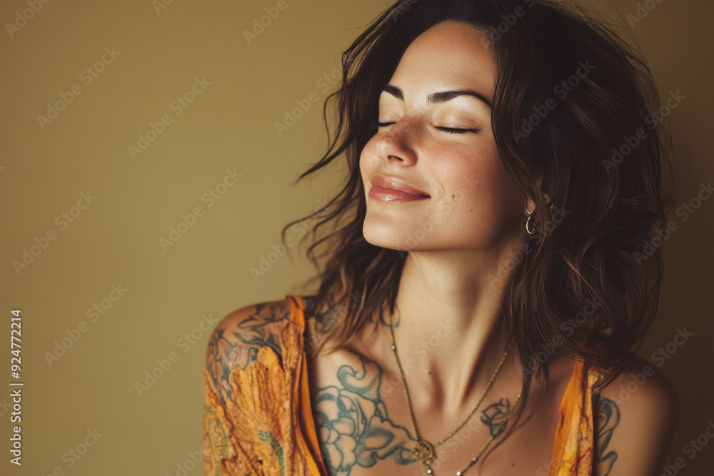 A close up of a woman's face with tattoos and her eyes closed A close up of a woman's face with tattoos and her eyes closed