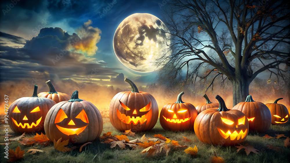 Glowing Pumpkins Under a Giant Moon. Halloween Mystical Horror Glowing Pumpkins Under a Giant Moon. Halloween Mystical Horror