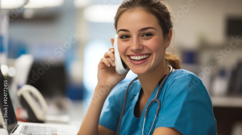 Female nurse with phone. 