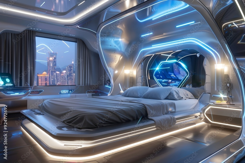 Obraz premium Futuristic Bedroom with Floating Bed and Integrated Tech Gadgets.
