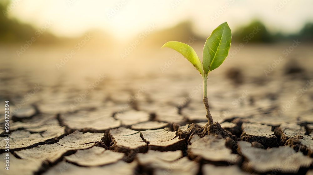 A lone green sprout emerges from cracked dry earth in an arid landscape, symbolizing hope and resilience amidst harsh conditions A lone green sprout emerges from cracked dry earth in an arid landscape, symbolizing hope and resilience amidst harsh conditions
