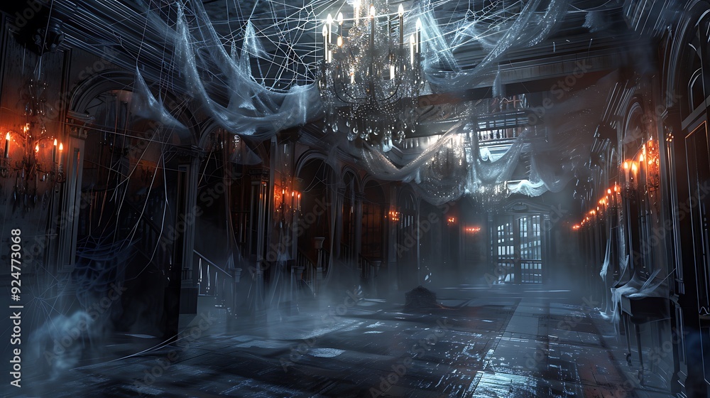 Spooky Haunted House Interior with Cobweb-Covered Chandeliers and Ghostly Apparitions, Halloween Theme Spooky Haunted House Interior with Cobweb-Covered Chandeliers and Ghostly Apparitions, Halloween Theme