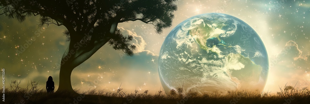 A lone figure sitting under a tree gazing at a mystical earth globe in the sky, symbolizing solitude and connection to the universe. A lone figure sitting under a tree gazing at a mystical earth globe in the sky, symbolizing solitude and connection to the universe.