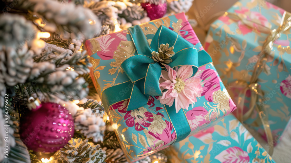 Fototapeta premium Teal and Gold Gift Under Christmas Tree