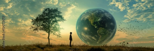 A person gazes at a massive Earth with a single tree beside, under a sky filled with fluffy clouds and a flock of birds flying.