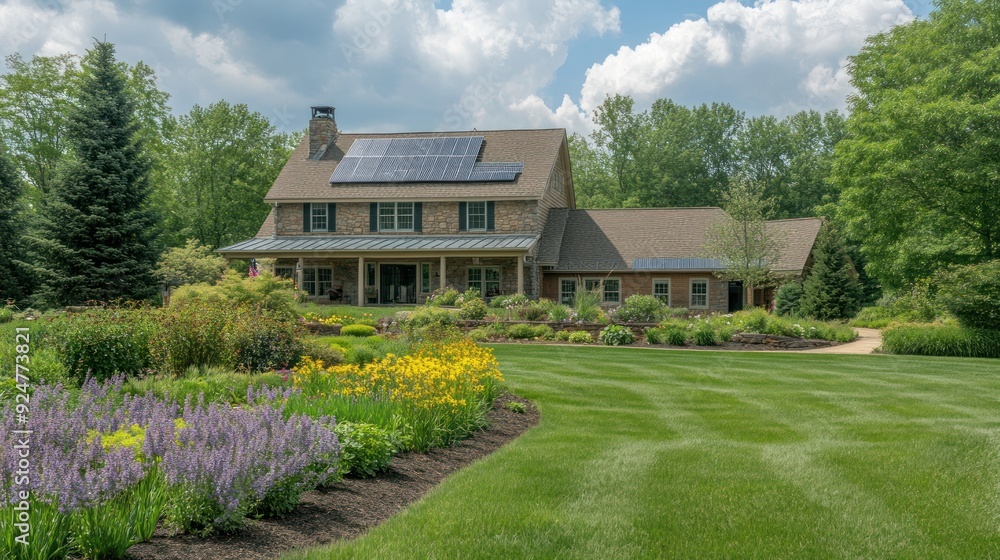 Obraz premium A stone house with solar panels on the roof, a large green lawn, and flower beds in the front yard.