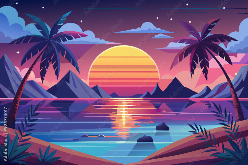 Naklejka premium Tropical Sunset with Palm Trees and Mountains Reflected in the Ocean