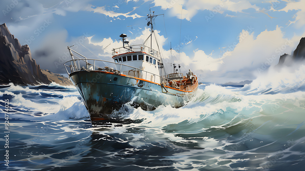 Obraz premium Fishing Boat - boat, ship, sea, ocean, waves, water, sailing, nautical, fishing boat, stormy sea, clouds, sky, adventure, rocky coast, whitecaps, coastline