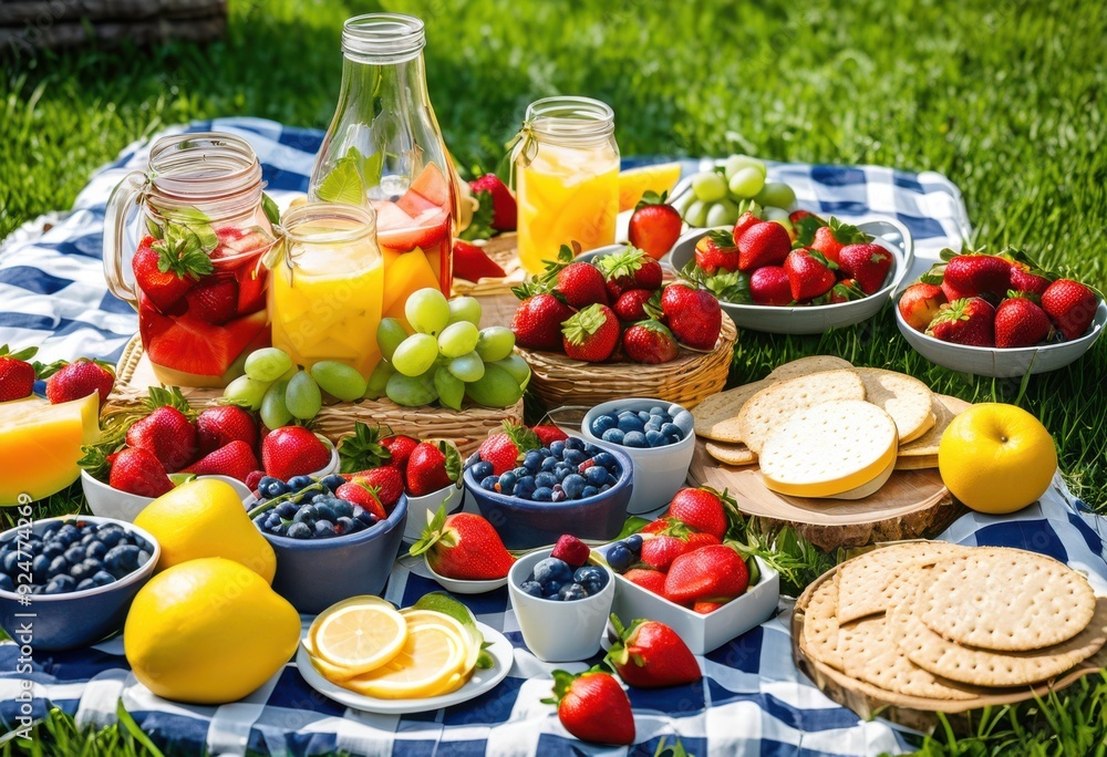 vibrant summer picnic spread colorful blanket fresh beverages under bright sunshine, fruits, snacks, food, outdoor, nature, sunlight, grass, basket, plates vibrant summer picnic spread colorful blanket fresh beverages under bright sunshine, fruits, snacks, food, outdoor, nature, sunlight, grass, basket, plates