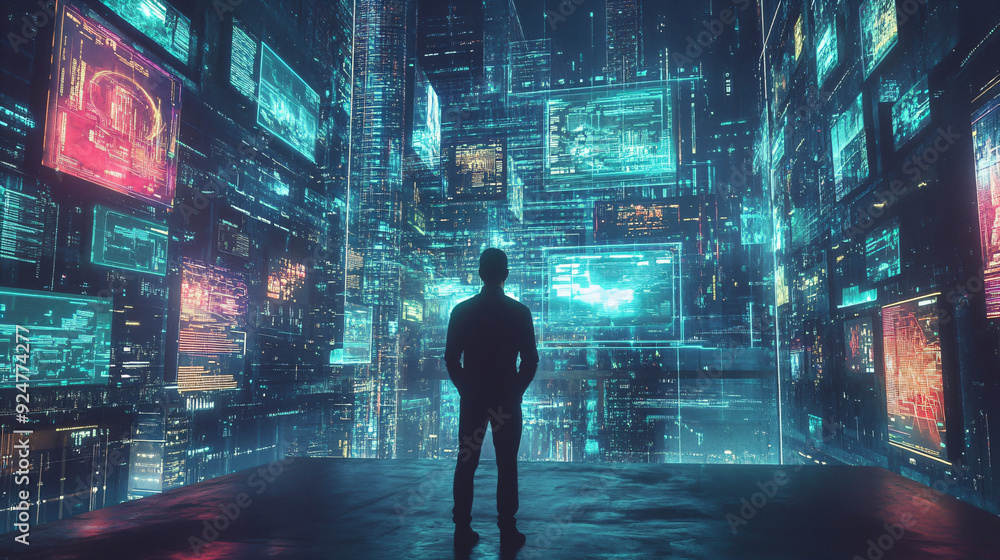 Man Standing in a Futuristic Digital City. Man Standing in a Futuristic Digital City.
