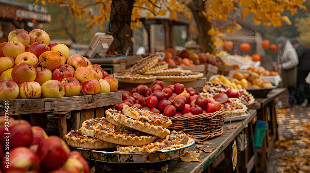 Obraz premium A rustic autumn market with baskets of apples, pears, and freshly baked pies, surrounded by golden foliage and the crisp scent of fall in the air.