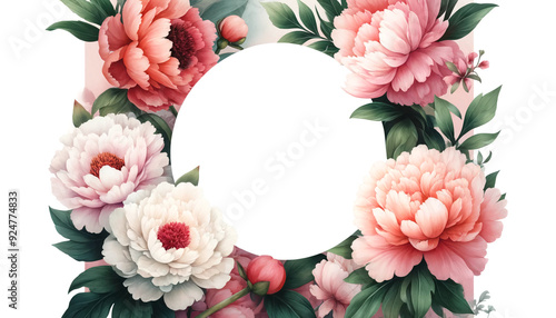 Peonies with a blank white center. Copy space. Summer or spring background. Creative drawn flower frame. Nature concept. Greeting card. “Women`s Day”. 8 March invitation.