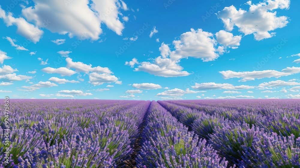 Fototapeta premium Lavender Field under Blue Sky with Fluffy Clouds