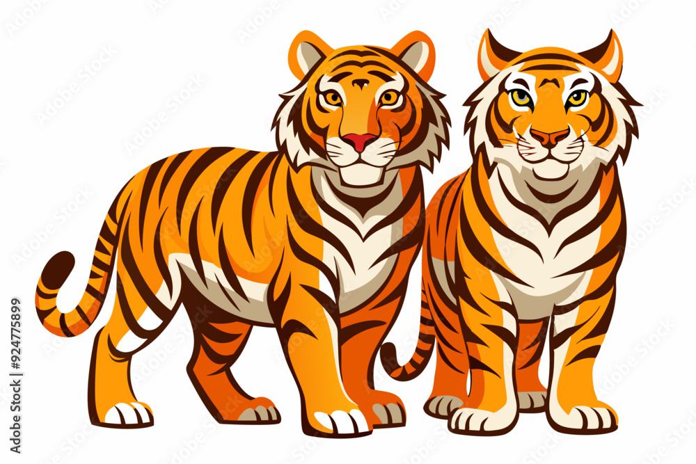 Obraz premium Two Cartoon Tigers Standing Side-by-Side