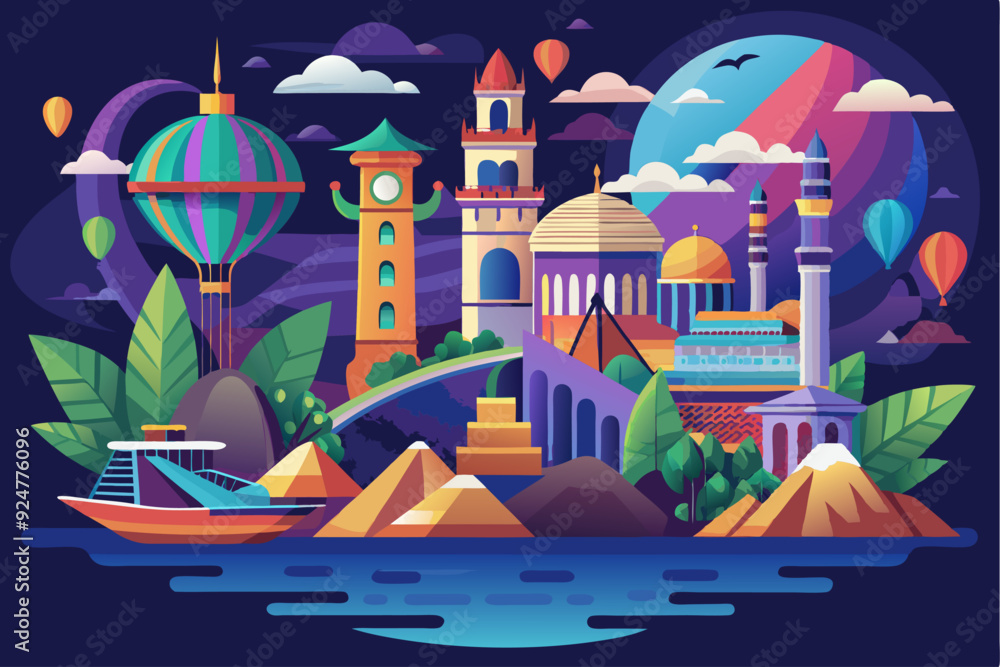 A vibrant cityscape with colorful hot air balloons and a boat floating on a blue body of water. A vibrant cityscape with colorful hot air balloons and a boat floating on a blue body of water.